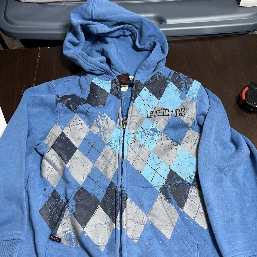 Y2K Hawk Boys Size XL 7X Blue Argyle Graphic Zip Up Hoodie Tony Hawk *READ